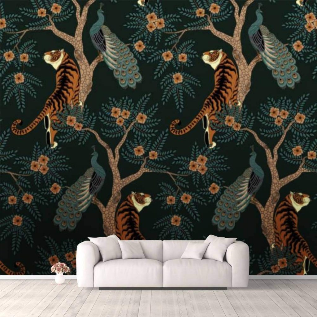 Picture of: D Wallpaper tiger and peacock Seamless pattern with tiger and peacock on  tree with Self Adhesive Bedroom Living Room Dormitory Decor Wall Mural  Stick