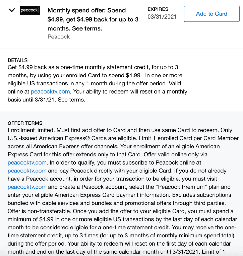 Picture of: Expired] AmEx Offers: Peacock Streaming, Spend $. & Get $