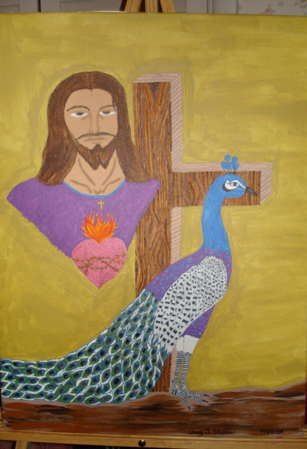 Picture of: Original, Jesus Sacred Heart w/Peacock  Sacred heart, Painting