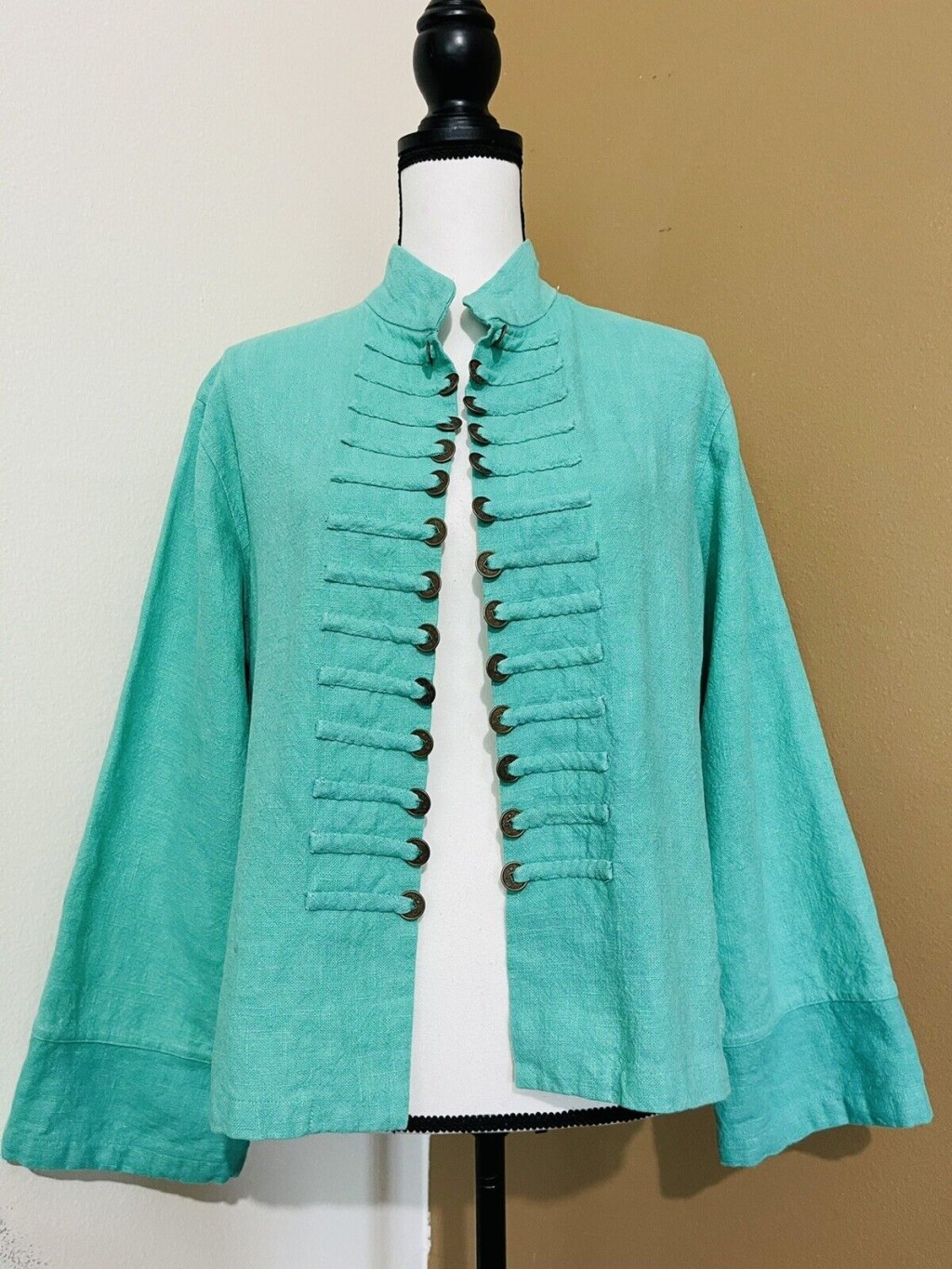 Picture of: Peacock Ways Womens One Size Jacket Mint Green % Linen Coin Trim Art To  Wear