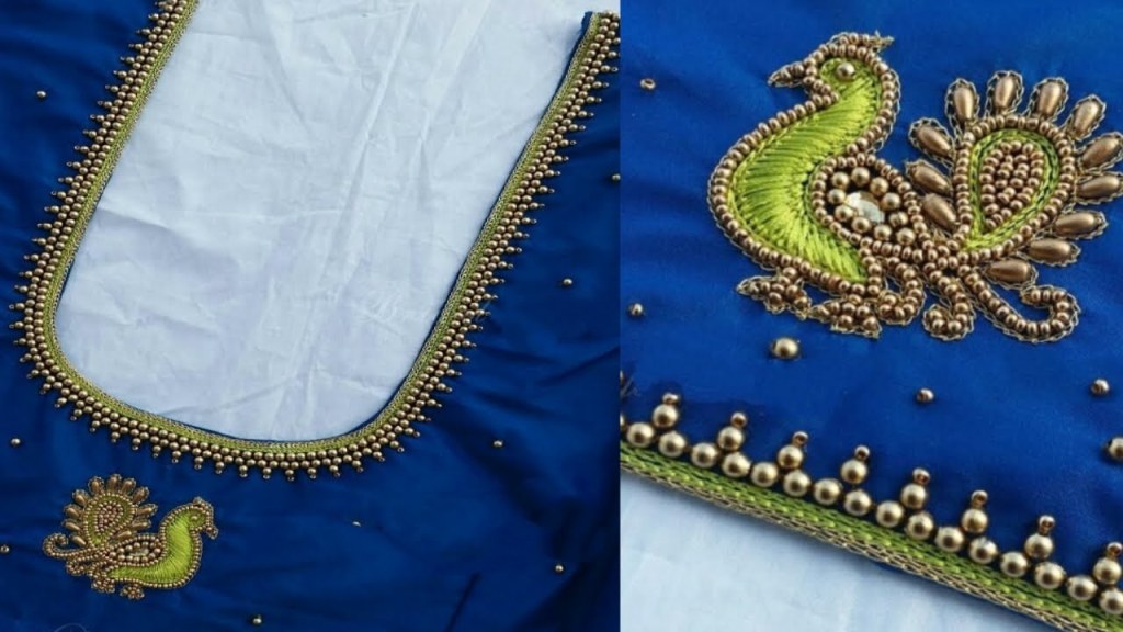 Picture of: Simple and Elegant peacock blouse design in aari embroideryBeautiful  peacock maggam work blouse